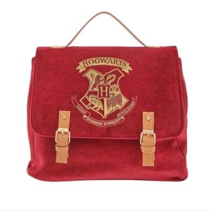 Harry Potter Red Hogwarts Crest Velour Backpack Maroon Color.